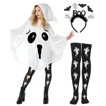 Imagem de Asekonc Fantasia feminina de fantasma de Halloween, poncho fantasma, adulto, fantasma, fantasmas, fantasia de fantasmas brancos, capa com capuz, faixa de cabeça, meias para o dia das bruxas
