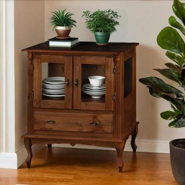 Imagem de Cristaleira de Madeira 2 Portas 1 Gaveta Vidros na Lateral Pés Luiz XV