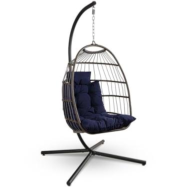 Imagem de Cadeira de Balanço Suspensa SereneLife Egg Chair com Suporte, Rattan Marrom e Almofada Azul Escuro, Dobrável e Resistente UV para Jardim e Piscina, SWC66DB