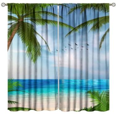 Imagem de Cortina de praia, estampa de palmeira do oceano azul, tema tropical, decorado, quarto, sala de estar, bolso para varão, tratamento de janela, conjunto com 2 painéis, tamanho total 107 cm L x 114 cm C