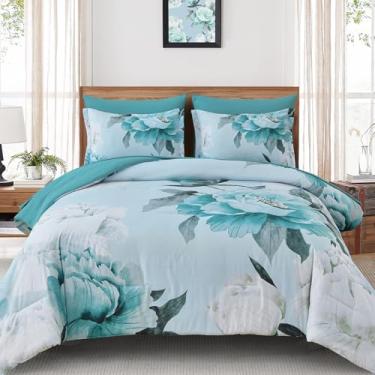 Imagem de Dobuyly Conjunto de edredom floral, tamanho casal, 7 peças, estampa de flores aqua, azul claro, com lençóis, microfibra macia, botânico, conjunto de cama completo para todas as estações