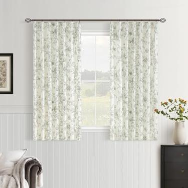 Imagem de Cortinas de linho plissadas verde-oliva floral, 113 cm de comprimento, para cozinha, vintage, estampada, peônia, filtragem de luz, boho, quinta, curta, semitransparente, 113 cm, cortina de café para