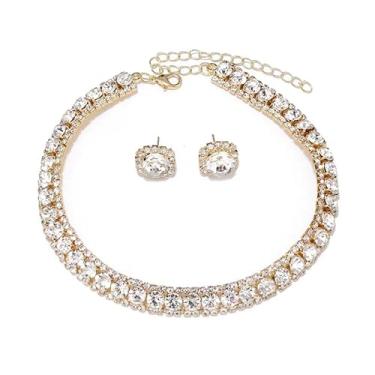 Imagem de Conjunto Colar Brinco Choker Gargantilha Rivieira Zircônia Cúbica Dourado Prata - Casamento Festa Formatura Debutante - Presente Noiva Namorada Mãe - Minimalista Vintage (Prateado-Dourado)
