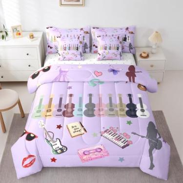 Imagem de Erosebridal Conjunto de cama solteiro com estampa de fãs de música, roxo (edredom + elástico + lençol de cima + 2 fronhas + 2 fronhas de travesseiro), 7 peças, moderno, conjunto de cama, presente para