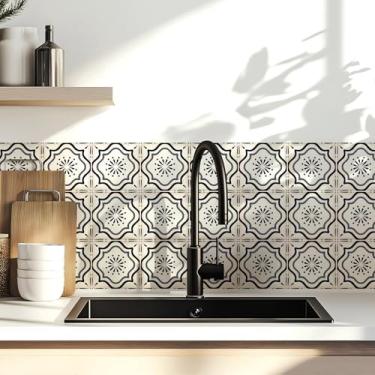 Imagem de Decalques de azulejo marroquino de 30 unidades de 10 cm – Adesivos autoadesivos de parede de vinil, à prova d'água para cozinha Backsplash, banheiro, piso de escada, bronzeado neutro/preto (preto)
