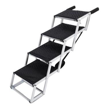 Imagem de Asixxsix Escadas de cão extra largas, Rampa de animais de estimação dobrável de 4 passos para carro, Passos de cachorro de liga de alumínio leve para cama de caminhão SUV, Suporta até 70