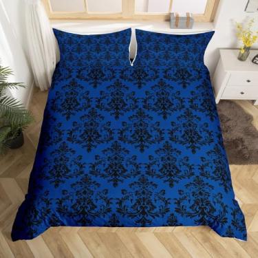 Imagem de Conjunto de capa de edredom vintage preto azul tamanho casal, boêmio vitoriano barroco floral reversível com 2 fronhas, conjunto de cama respirável com estampa de renda damasco gótico (sem edredom
