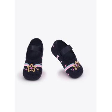 Imagem de Meia Sapatilha Puket Antiderrapante Bebê RN Menina Super Girl Azul Mar