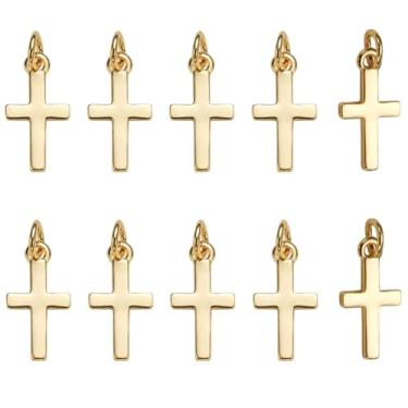 Imagem de CREATCABIN 1 caixa 10 peças de pingentes de cruz cristã de latão banhado a ouro 18 K real com pingente de crucifixo vintage de metal a granel com anel de salto para fazer joias, brincos, colar