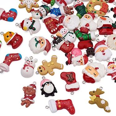 Imagem de Spritewelry Berloques de Natal para fabricação de joias, meias de árvores de Natal de resina sortidas homem de gengibre, Papai Noel, boneco de neve, alce, pingentes de sino para colar, pulseira e