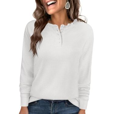 Imagem de Kopinma Túnica feminina de malha waffle de manga comprida com botões Henley, Branco, M