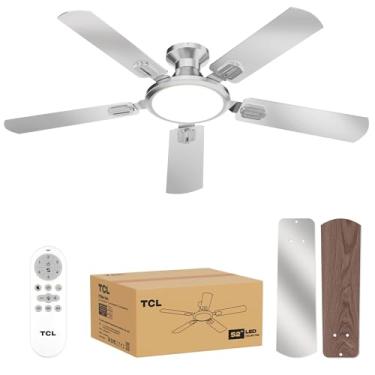 Imagem de TCL Ventilador de teto discreto de 132 cm com luz, fino, prata, montagem embutida, motor reversível CC, 6 velocidades, controle remoto, silencioso, regulável, luz LED, 3CCT, ventilador de teto moderno