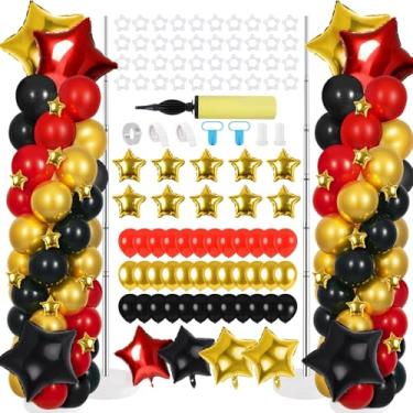 Imagem de 2 conjuntos de balões pretos dourados e vermelhos kits de suporte de coluna de balão ajustável com 4 estrelas de cinema, guirlanda noturna, arco torre, balões para casamento, chá de bebê, decorações