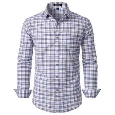 Imagem de Camisa masculina JEMITOP, manga comprida, justa, xadrez, branca, azul 