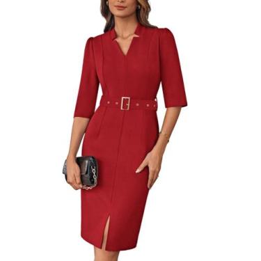 Imagem de Vestido de trabalho GRACE KARIN com decote em V manga 3/4 Bodycon verm