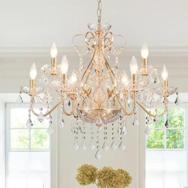 Imagem de Saint Mossi Lustre de cristal dourado para sala de jantar, lustre moderno de 9 luzes, lustre pendente de cristal dourado francês para quarto, sala de estar, hall de entrada, A 19 x D24