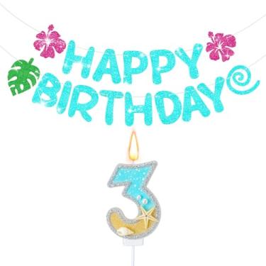 Imagem de Conelist 2 faixas tropicais havaianas de 3º aniversário com velas decorações de festa com glitter flor de folha de palmeira para festa de verão tropical luau chá de bebê decoração de carnaval