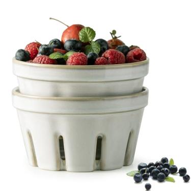Imagem de Gomakren Tigela de frutas com furos, conjunto de 2 cestas de frutas de cerâmica, cesta de frutas redonda de 14 cm para cozinha, escorredor de recipientes de frutas vermelhas - decoração de cozinha de