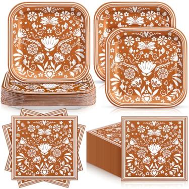 Imagem de Zhehao Conjunto de 72 peças de artigos de festa Cielito Lindo serve 36, pratos quadrados de sobremesa de papel de 18 cm e guardanapos mexicanos Platos de Barro decoração de louça descartável para