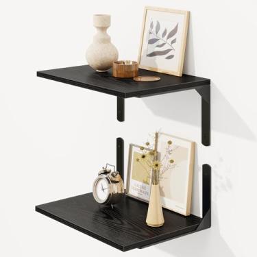Imagem de Prateleiras flutuantes pretas de 40,6 cm L x 30,5 cm P para parede, prateleira flutuante de 30,5 cm de profundidade com suporte visível, estante de madeira rústica montada na parede, prateleiras