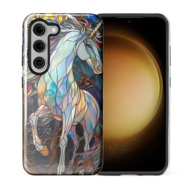 Imagem de CARLOCA Compatível com Samsung Galaxy S23 Capa protetora brilhante de corpo inteiro para meninas meninos à prova de choque moda estética padrão colorido vitral branco unicórnio