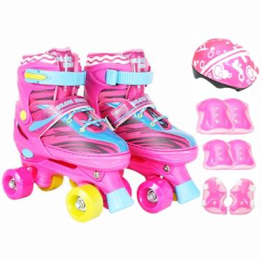 Imagem de Patins Infantil Roller Ajustável 4 Rodas Rodinha Proteção (Rosa com amarelo, S - 29 ao 32)