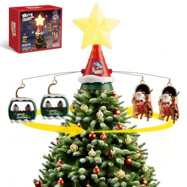Imagem de Topo de árvore de Natal giratório musical com luz de estrela de LED, trenó de Papai Noel e decorações de bondinho, alimentado por USB
