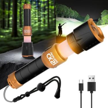 Imagem de Lanterna LED recarregável de 3000 lúmens, lanterna tática 2 em 1 com luz de acampamento e respiração, zoom, 5 modos, carregamento rápido tipo C, à prova d'água para uso externo, emergência, caixa de