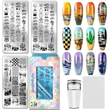 Imagem de PH PandaHall 3 peças de placa de carimbo de unha de viagem de aventura padrão de viagem impressão de aço inoxidável placa de imagem de unhas deserto estrada unhas arte estênceis para mulheres