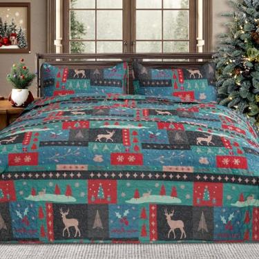 Imagem de ROMROL Conjunto de colcha de Natal, tamanho king, conjunto de cama de Natal verde, leve, patchwork, alces, árvores de Natal, colcha acolchoada com 2 fronhas (228 x 269 cm)