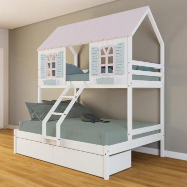 Imagem de Beliche Casal/ Solteiro Casinha Bela 02 Gavetas - Madeira Maciça Branco/rosa/verde Housin