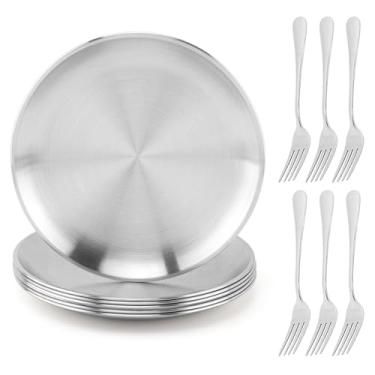 Imagem de Conjunto de pratos de aço inoxidável, pratos de jantar de metal de 20 cm para crianças e adultos, pratos de servir redondos para acampar, reutilizáveis, laváveis na lava-louças (pacote com 6)
