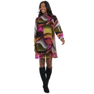 Imagem de London Times Vestidos femininos de festa de aniversário plissados com estampa geométrica e gola alta e manga longa, Camelo claro/verde-oliva, M