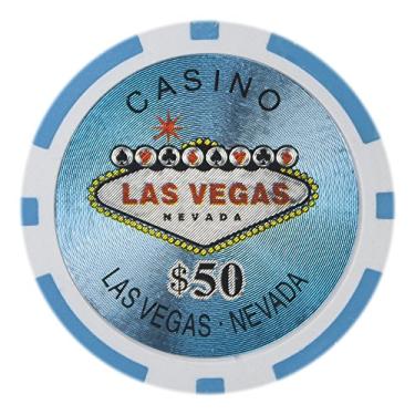 Imagem de Brybelly Las Vegas Casino Poker Chip Peso Pesado 14 gramas Composto de Argila – Pacote com 50 (Azul Claro)