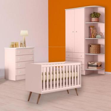 Imagem de Infantil Berço Mini Cama Retrô, Cômoda e Guarda Roupa Rosa - Qmovi