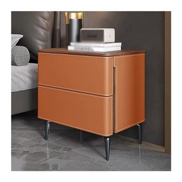 Imagem de GRFIT Mesa de cabeceira simples mesa de cabeceira de madeira maciça armazenamento mesa de cabeceira de couro cor sólida armário alto com duas gavetas casa quarto móveis mesa de canto pequena (cor: 006
