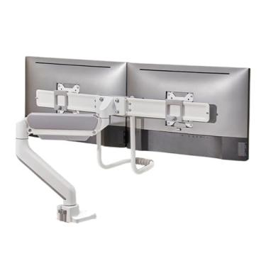 Imagem de Suporte para monitor de mesa para monitor duplo, braço de monitor de mola a gás ajustável para 2 telas de até 81 cm, 8 kg, placas VESA deslizantes com grampo e base de ilhós, braço para monitor de