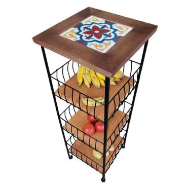 Imagem de Fruteira Rústica de Ferro e Madeira 3 Andares Decorativos - Estilo Rús
