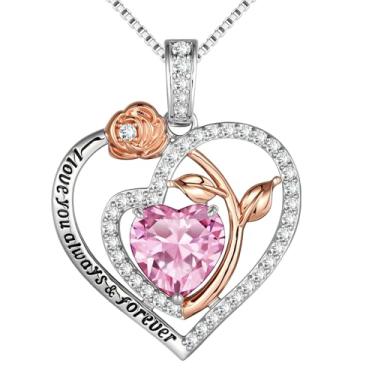 Imagem de Awinesn Colares de coração rosa para mulheres, pingente de pedra do mês de nascimento para mulheres, joias de aniversário, presentes de Natal para sua mãe, esposa, namorada, non, Cobre, Sem Pedra