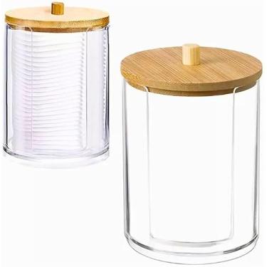 Imagem de Kit 2 Porta Algodão e Cotonetes em Acrílico Transparente com Tampa de Bambu Premium – Organizadores Compactos e Elegantes para Maquiagem, Skincare, Limpeza Facial, Banheiro e Penteadeira