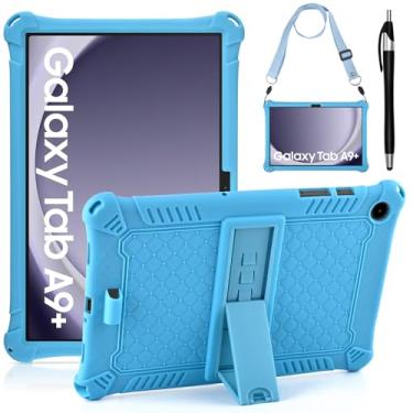 Imagem de DETUOSI Capa compatível com Samsung Galaxy Tab A9 Plus de 11 polegadas 2023, com alça de ombro e caneta Stylus, capa multiângulo de silicone macio para tablet Galaxy Tab A9+ SM-X210/X216/X218, azul