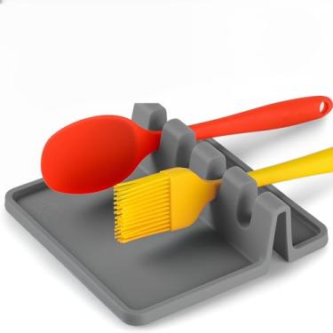 Imagem de Suporte de utensílios de cozinha de silicone - descanso de colher antiderrapante, organizador de ferramentas multifuncional para fogão/bancada (cinza)