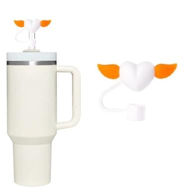 Imagem de Capa de palha de silicone com asas de laranja de coração branco para tampas de palha de 10 mm para acessórios de copo Stanley, bonito topo de palha para copos tampa de palha para tampas de ponta de
