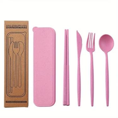 Imagem de Conjunto de utensílios de mesa de quatro peças, leve e portátil - plástico - para acampamento, caminhada e piqueniques - presente ideal para entusiastas de atividades ao ar livre, rosa