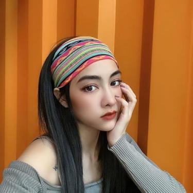 Imagem de Bandanas para mulheres, faixas de cabelo largas estilo boho com estampa geométrica retrô, faixas antiderrapantes e macias antisuor para ioga, corrida, treino, maquiagem