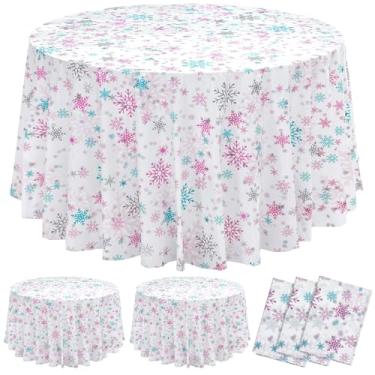 Imagem de Sliner 3 peças de toalha de mesa de plástico redonda de Natal de 213 cm, toalha de mesa descartável com flocos de neve de inverno, para decoração de festa de aniversário (rosa, prata, azul)