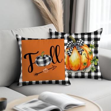 Imagem de 2 peças de capas de almofada de abóbora de outono 45,7 x 45,7 cm, capas de almofada quadradas para colheita de outono, almofadas decorativas de grade preta e branca para sofá, sala de estar, quarto