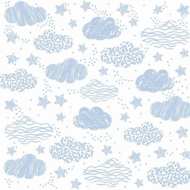 Imagem de Tecido Tricoline Nuvens e Estrelas Rabisco Azul fundo Branco - Peripan
