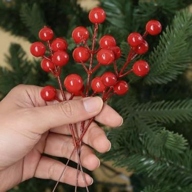 Imagem de 5 peças/conjunto de galhos artificiais de bagas de azevinho artificiais de Natal decalque festivo plantas falsas enfeites de árvore de Natal vermelho 8,5 x 4,5 x 0,7 cm