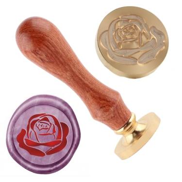 Imagem de Carimbo de selo de cera rosa cobre vintage destacável carimbo de latão e um padrão de cabo de madeira Carta de cabeça cartão de convite de presente de casamento pacote de férias